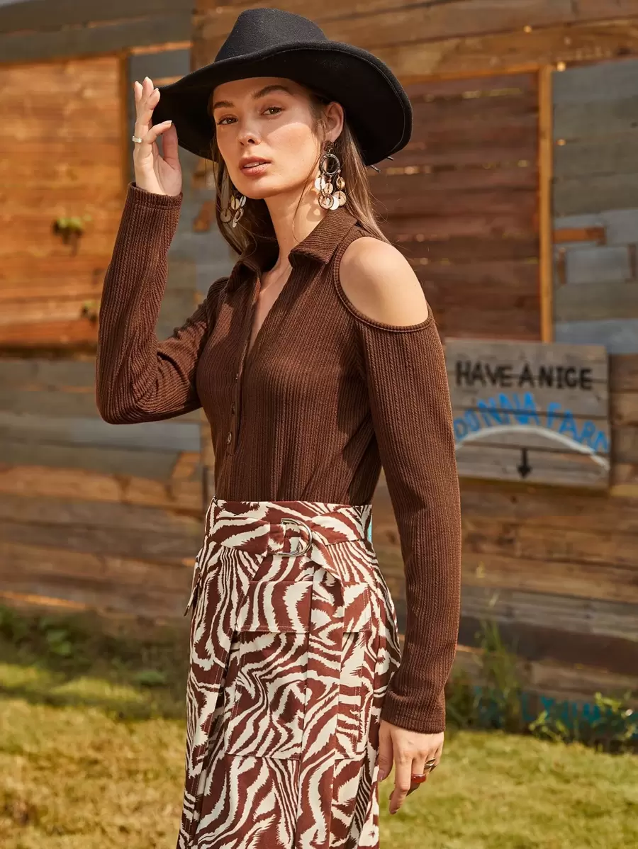 SHEIN VCAY 鏤空半排扣連身背心 - 咖啡棕 - 查看 1