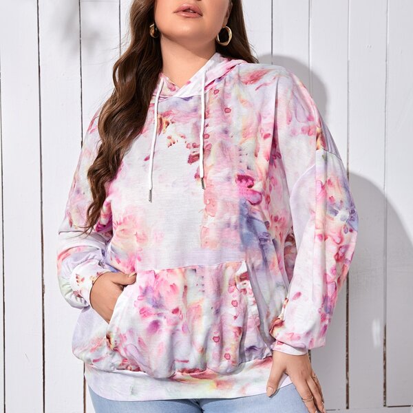 

Plus Tie Dye Drop Shoulder Drawstring Hoodie, Multicolor