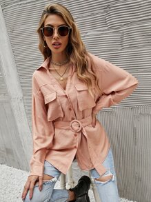 Solid Button Through Belted Shirt - Coral Orange - View 1