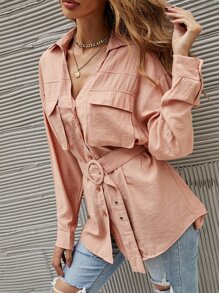 Solid Button Through Belted Shirt - Coral Orange - View 3