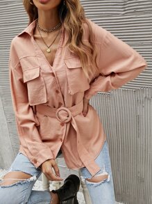 Solid Button Through Belted Shirt - Coral Orange - View 4