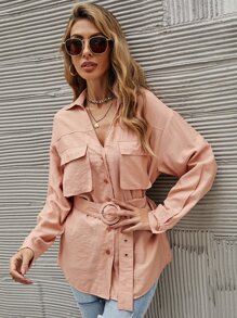 Solid Button Through Belted Shirt - Coral Orange - View 5