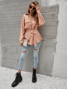 Solid Button Through Belted Shirt - Coral Orange - View 6