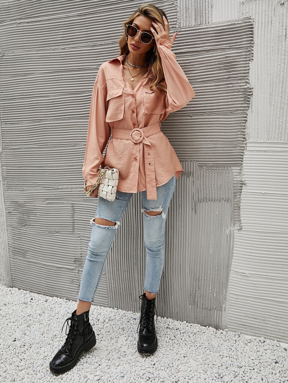 Solid Button Through Belted Shirt