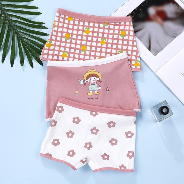 

Girls 3pcs Floral & Grid Print Shortie Brief, Multicolor