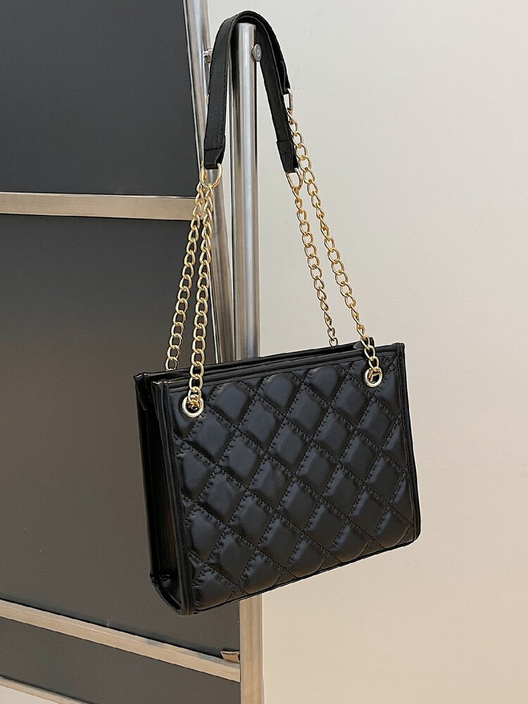 Quilted Chain Tote Bag - Black - View 2