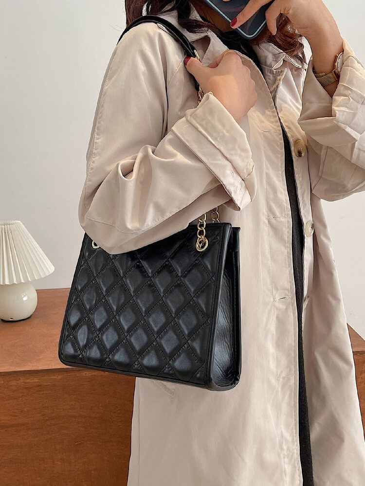 Quilted Chain Tote Bag - Black - View 3