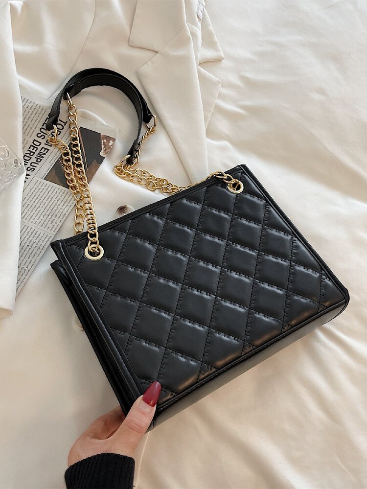 Quilted Chain Tote Bag - Black - View 6
