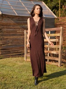 SHEIN 前繫帶高衩連衣裙 - 咖啡棕 - 查看 3