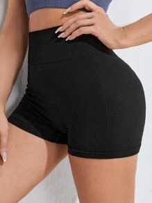 High Waist Seamless Sports Shorts - Black - View 1