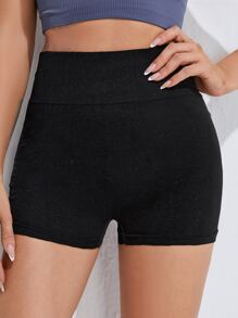 High Waist Seamless Sports Shorts - Black - View 3