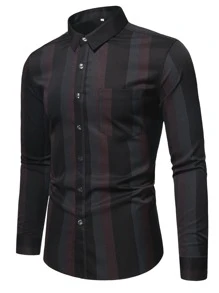 Manfinity Hombres Camisa de rayas con parche de bolsillo con botón delantero - Multicolor - Ver 1