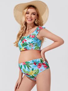 SHEIN Maternity Floral Print Ruffle Bikini Set Summer Beach - Multicolor - View 1