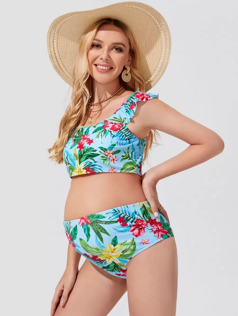 SHEIN Maternity Floral Print Ruffle Bikini Set Summer Beach - Multicolor - View 1