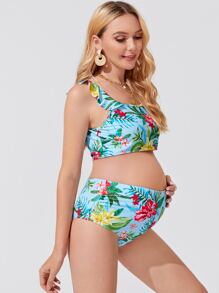 SHEIN Maternity Floral Print Ruffle Bikini Set Summer Beach - Multicolor - View 3