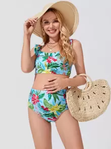 SHEIN Maternity Floral Print Ruffle Bikini Set Summer Beach - Multicolor - View 4