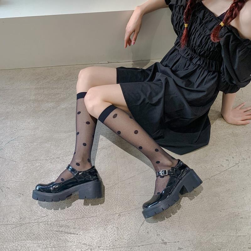 

Polka Dot Graphic Over The Calf Socks, Black