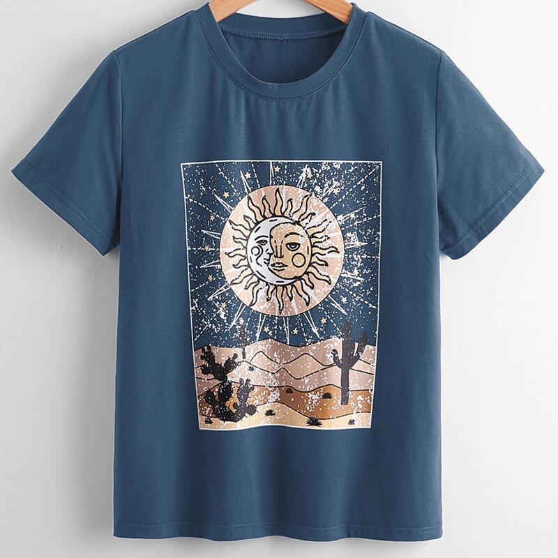

Sun & Moon Graphic Tee, Dusty blue