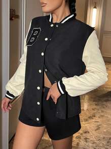 Alondra & Evelyn X SHEIN 1pc Letter Patched Button Front Varsity Jacket - Black - View 2