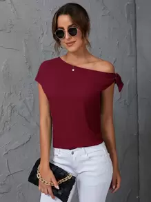 SHEIN Clasi Áo sơ mi nữ Bất đối xứng Thắt nút màu trơn Giải trí - Màu Đỏ Sâu - Xem 1