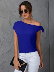 SHEIN Clasi Áo sơ mi nữ Bất đối xứng Thắt nút màu trơn Giải trí - Xanh đậm - Xem 1