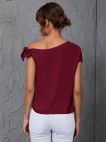 SHEIN Clasi Áo sơ mi nữ Bất đối xứng Thắt nút màu trơn Giải trí - Màu Đỏ Sâu - Xem 2