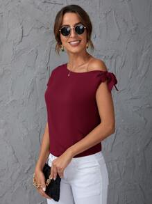 SHEIN Clasi Áo sơ mi nữ Bất đối xứng Thắt nút màu trơn Giải trí - Màu Đỏ Sâu - Xem 3