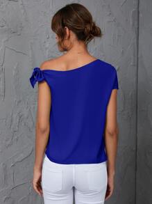 SHEIN Clasi Áo sơ mi nữ Bất đối xứng Thắt nút màu trơn Giải trí - Xanh đậm - Xem 2