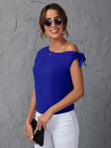 SHEIN Clasi Áo sơ mi nữ Bất đối xứng Thắt nút màu trơn Giải trí - Xanh đậm - Xem 3