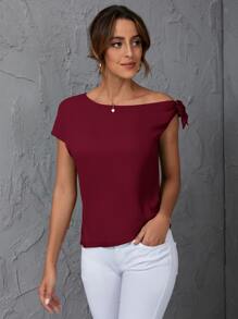 SHEIN Clasi Áo sơ mi nữ Bất đối xứng Thắt nút màu trơn Giải trí - Màu Đỏ Sâu - Xem 4