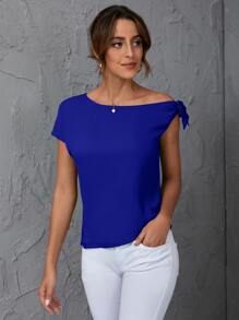 SHEIN Clasi Áo sơ mi nữ Bất đối xứng Thắt nút màu trơn Giải trí - Xanh đậm - Xem 4