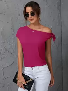 SHEIN Clasi Solid Oblique Shoulder Blouse - Hot Pink - View 1