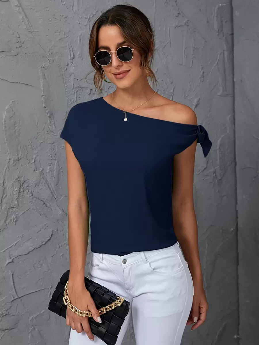SHEIN Clasi 素色斜肩襯衫 - 藏蓝色 - 查看 1