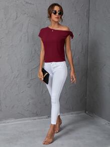 SHEIN Clasi Áo sơ mi nữ Bất đối xứng Thắt nút màu trơn Giải trí - Màu Đỏ Sâu - Xem 5