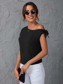 SHEIN Clasi 素色斜肩襯衫 - 黑色 - 查看 3