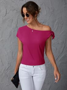 SHEIN Clasi Solid Oblique Shoulder Blouse - Hot Pink - View 3