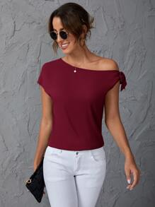 SHEIN Clasi Áo sơ mi nữ Bất đối xứng Thắt nút màu trơn Giải trí - Màu Đỏ Sâu - Xem 6