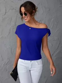 SHEIN Clasi Áo sơ mi nữ Bất đối xứng Thắt nút màu trơn Giải trí - Xanh đậm - Xem 6