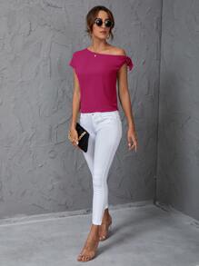 SHEIN Clasi Solid Oblique Shoulder Blouse - Hot Pink - View 4