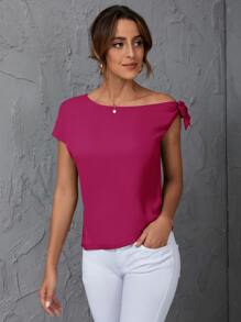 SHEIN Clasi Solid Oblique Shoulder Blouse - Hot Pink - View 5