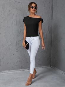 SHEIN Clasi 素色斜肩襯衫 - 黑色 - 查看 5