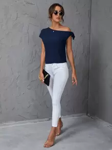 SHEIN Clasi 素色斜肩襯衫 - 藏蓝色 - 查看 5