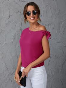 SHEIN Clasi Solid Oblique Shoulder Blouse - Hot Pink - View 6
