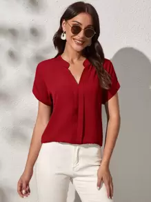 SHEIN Clasi Notch Neck Batwing Sleeve Solid Blouse - Burgundy - View 1