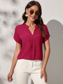 SHEIN Clasi Notch Neck Batwing Sleeve Solid Blouse - Hot Pink - View 1