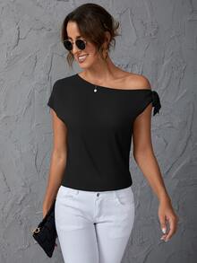 SHEIN Clasi 素色斜肩襯衫 - 黑色 - 查看 6
