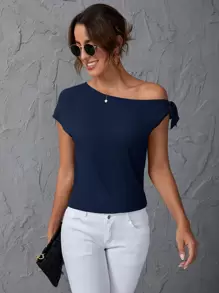 SHEIN Clasi 素色斜肩襯衫 - 藏蓝色 - 查看 6