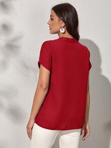 SHEIN Clasi Notch Neck Batwing Sleeve Solid Blouse - Burgundy - View 2