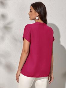 SHEIN Clasi Notch Neck Batwing Sleeve Solid Blouse - Hot Pink - View 2