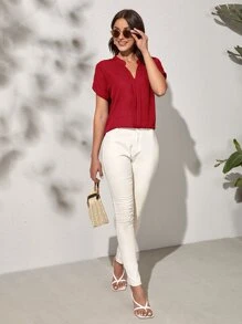 SHEIN Clasi Notch Neck Batwing Sleeve Solid Blouse - Burgundy - View 3